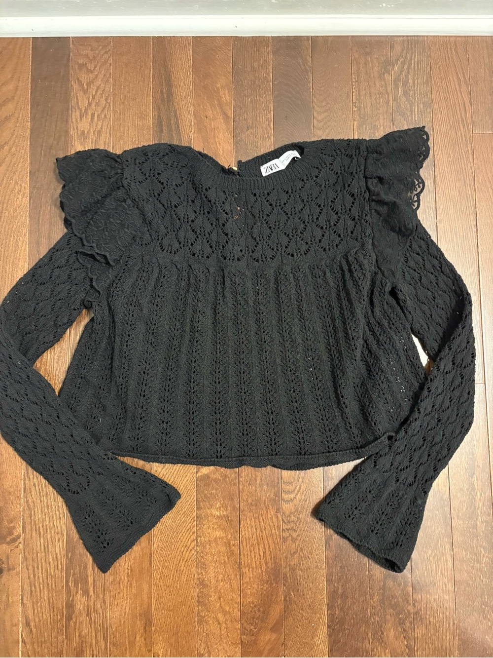 Zara Black Open Knit Sweater Crochet Lace Ruffle Shoulder Small